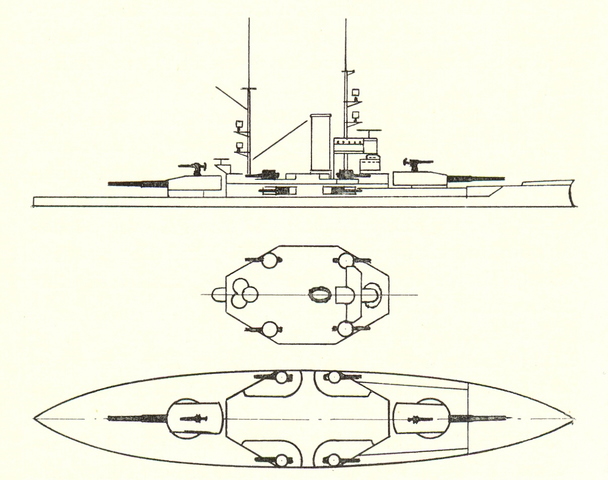 Configuración inicial del Niels Juel con sus dos cañones de 305 mm
