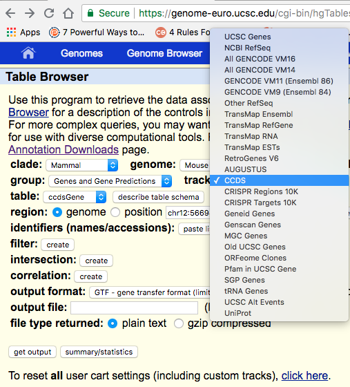 Screenshot from UCSC Table Browser