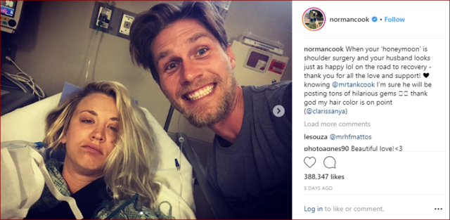 Kaley Cuoco recovers from shoulder surgery