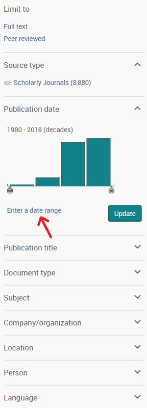 proquest filter menu showing the date range option